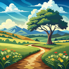 A winding path leads through a lush green meadow towards distant mountains.