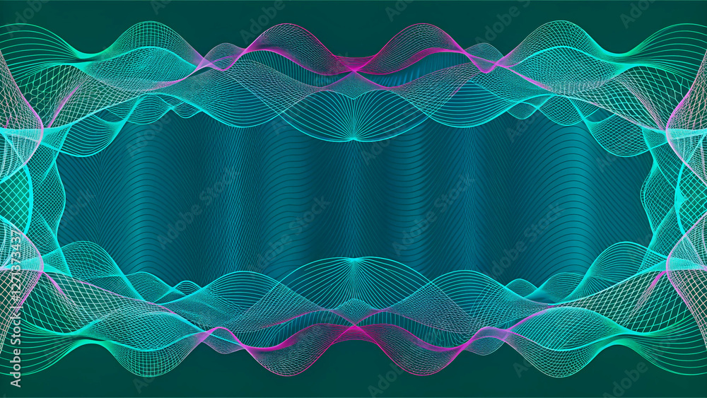 Poster abstract teal and purple wave design with intricate network pattern
