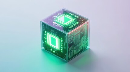 Isometric cube with a green glowing computer chip inside, on a white background