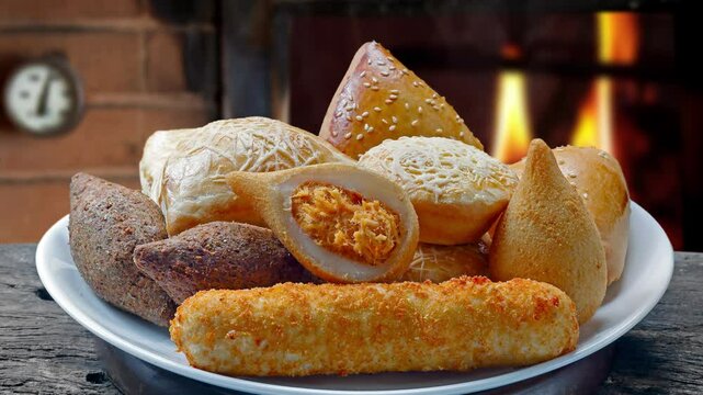 Brazilian snacks food, breaded, coxinha, kibe, esfiha