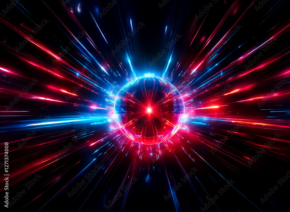 Poster a central sphere emits vibrant red and blue rays against a dark backdrop, creating a dynamic visual 