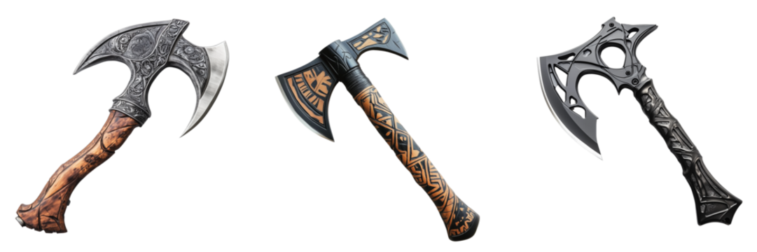 Set of A detailed close-up of a Viking axe with an intricately designed wooden handle and steel blade on transparent png background. Ai generated