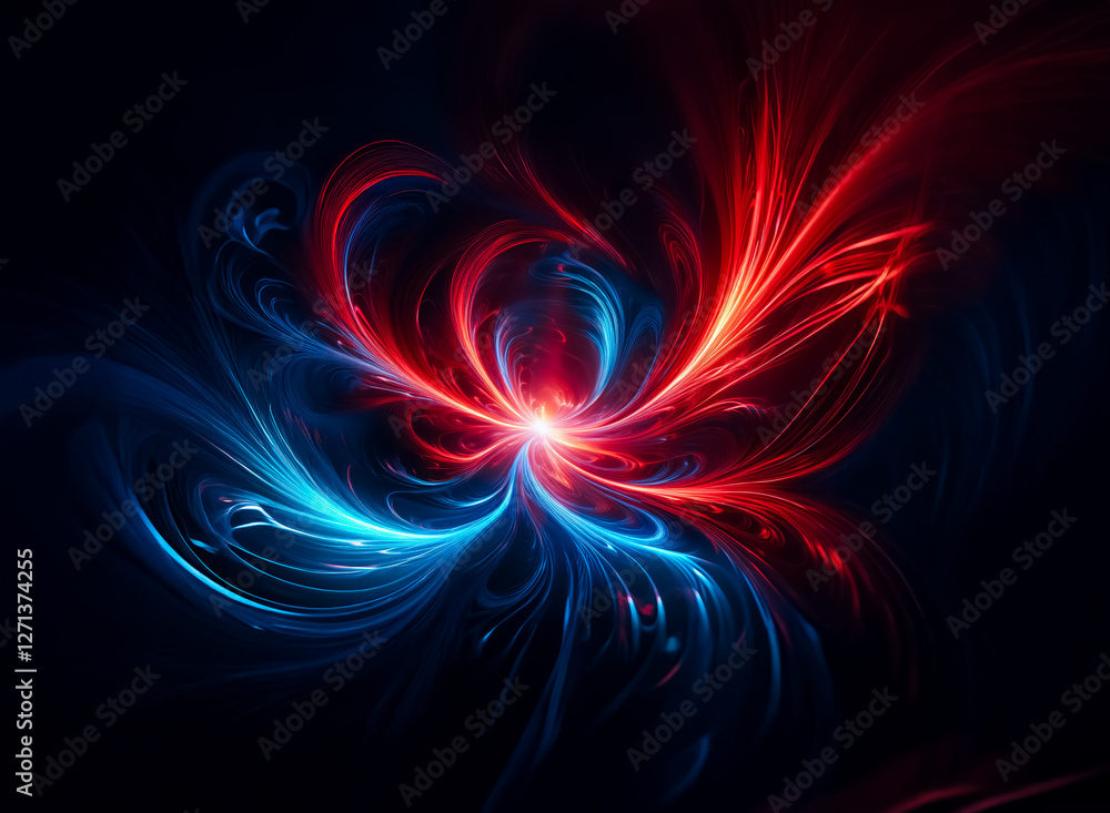Poster abstract digital artwork features swirling red and blue luminous energy streams on a dark backdrop. 