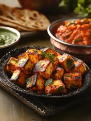 Fototapeta premium Variety of delicious Indian dishes on wooden table. Includes curry, naan bread, pita bread, chutney, and garnish with cilantro.