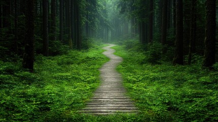 Misty forest path winding through green foliage. Possible use for nature, travel, or adventure imagery