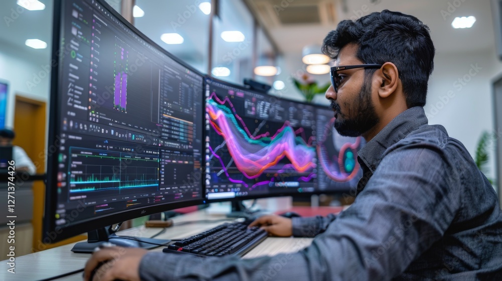Aufkleber A focused individual sits in a contemporary office setting, examining dynamic data visualizations on large displays while utilizing a keyboard and mouse for analysis.