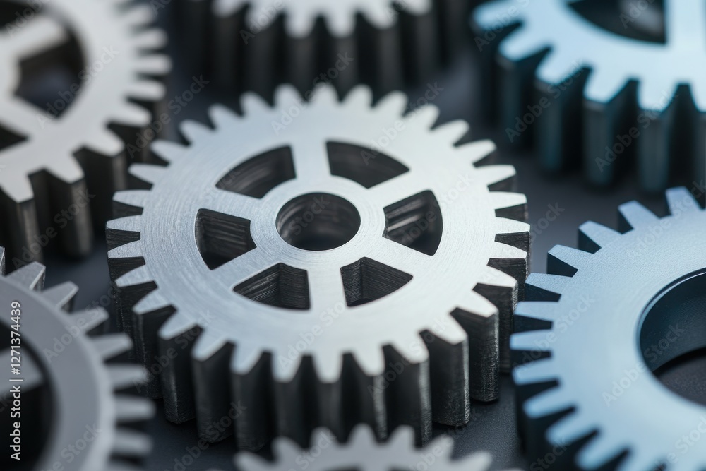 Poster close-up of metallic gears interlocked, representing precision engineering and mechanical efficiency