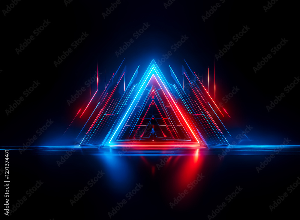 Poster futuristic abstract triangle with glowing blue and red neon lights in darkness. geometric and vibran