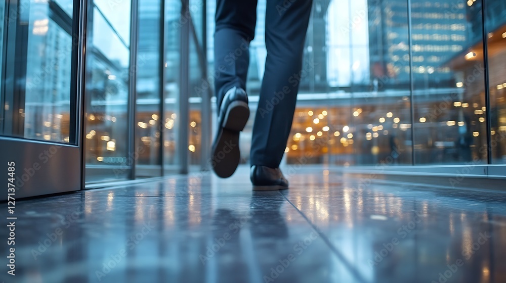 Poster person walking through a modern building with reflections and city lights enhancing the urban atmosp