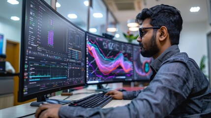 A focused individual sits in a contemporary office setting, examining dynamic data visualizations on large displays while utilizing a keyboard and mouse for analysis.