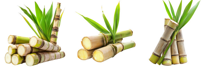 Set of A farmer holding a bundle of fresh sugarcane stalks, smiling proudly, with a vibrant green field on transparent png background. Ai generated