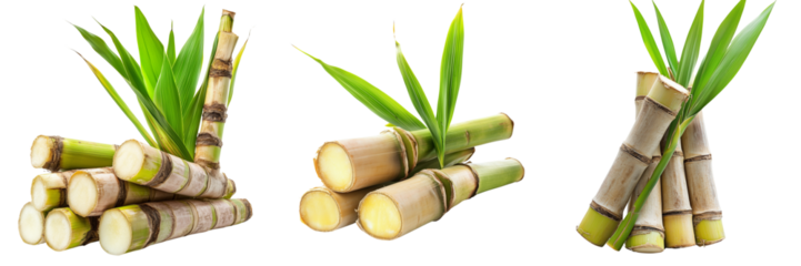 Set of A farmer holding a bundle of fresh sugarcane stalks, smiling proudly, with a vibrant green field on transparent png background. Ai generated