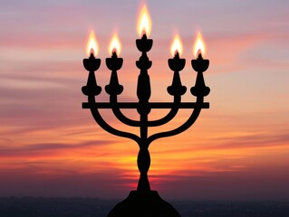 Fototapeta premium Image of a Hanukkah candelabra against the backdrop of a beautiful sunset.