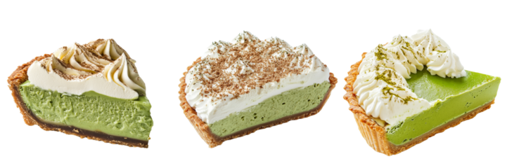 Set of A freshly baked pie with a golden-brown crust and a smooth, glossy green topping, placed on a clean white surface on transparent png background. Ai generated