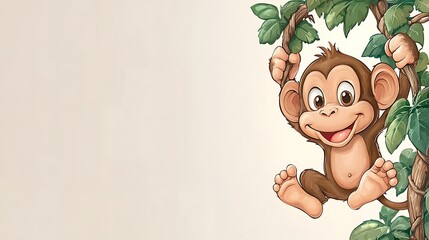 Cartoon monkey swinging from vine in jungle background.  Possible use Children's book illustration