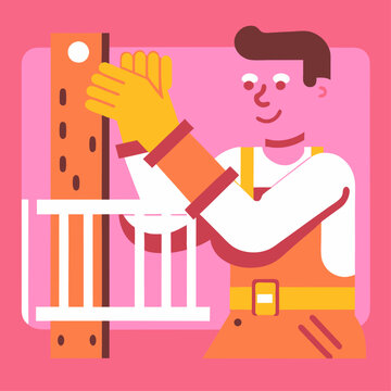  Un trabajador con guantes y overol ajusta un poste de madera para una cerca, en un estilo gr&aacute;fico vibrante. Representa construcci&oacute;n y trabajo manual.
