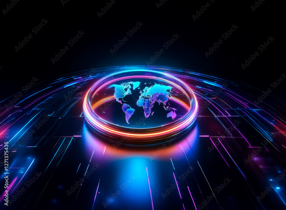 Aufkleber neon world map illuminated within a circular frame on a dark surface with vibrant blue and pink digi