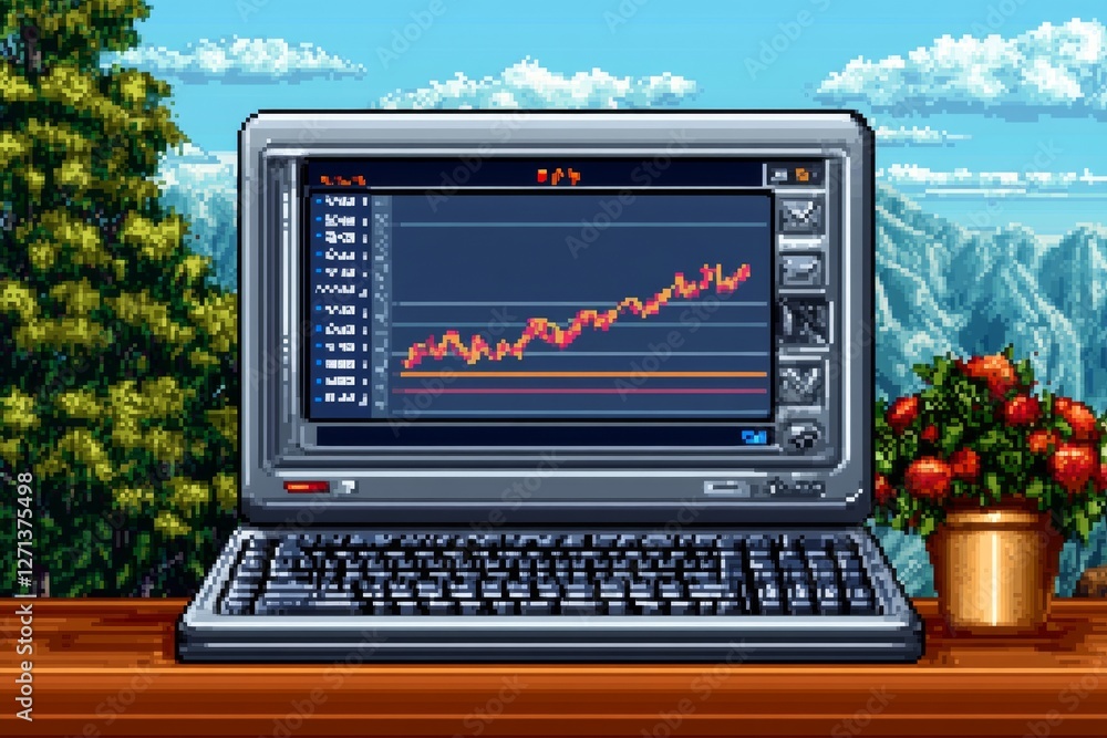 Poster A 8-bit pixel art of a classic statistics dashboard with pixelated graphs and numbers on a retro computer screen
