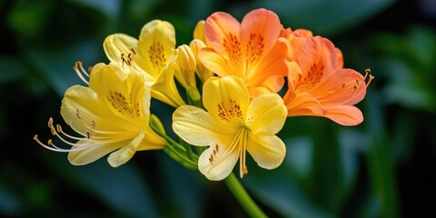 Fototapeta premium Colorful yellow flower with green leaves. Bright and vivid blossom in a garden setting.