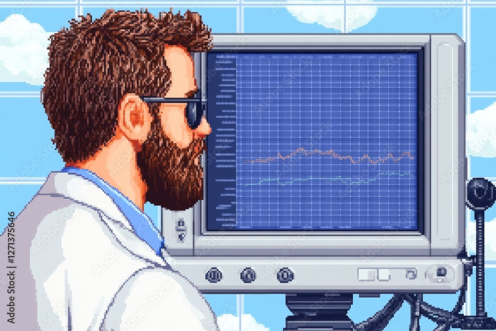 Poster A 8-bit pixel art of a scientist analyzing research data on a tiny pixelated computer screen