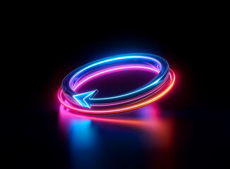 A glowing neon circular arrow orbits in a dark space, emitting vibrant blue, pink, and orange light. The dynamic illumination creates a modern and futuristic aesthetic.