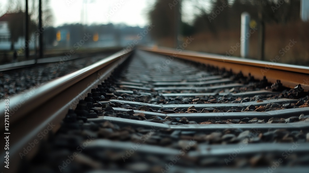Poster a close up view of railway tracks stretching into the distance surrounded by nature and tranquility 