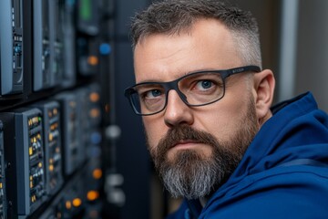 A IT specialist training employees on cybersecurity best practices in a high-tech environment