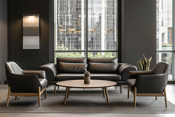 Modern office lounge with sleek black leather furniture, wooden accents, a minimalist coffee table, and floor-to-ceiling windows showcasing an urban cityscape