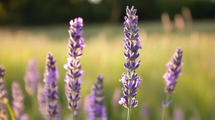 Obraz premium Sunlit Lavender Flowers in a Lush Green Field Capturing Natural Beauty : Generative AI