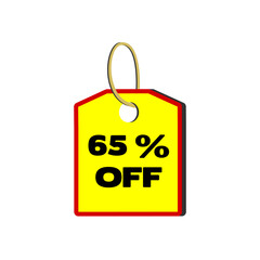65% off yellow tag with red border, beige cord and white background