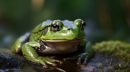 Green frog near water, mossy rock background, nature wildlife image.