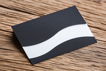 A business card with a sleek cutout logo design, placed on a wooden table