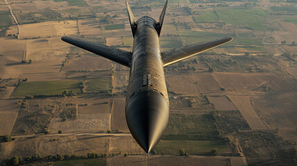 Military cruise missile rocket in flight depicting advanced war technology for defense and security strategies