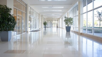 Modern and spacious hallway of a contemporary building filled with natural light and greenery : Generative AI
