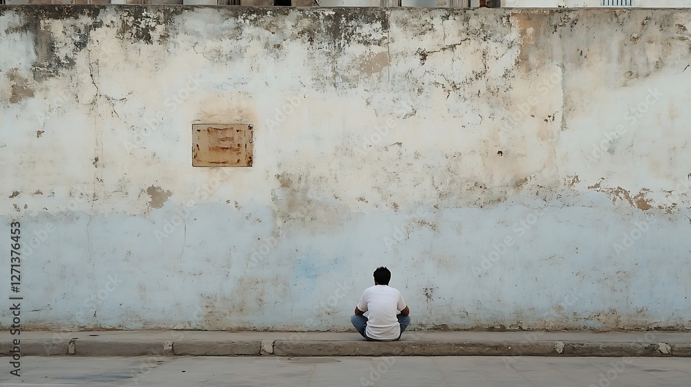 Poster lonely person sitting on a sidewalk against a textured wall in a minimalist urban setting : generati