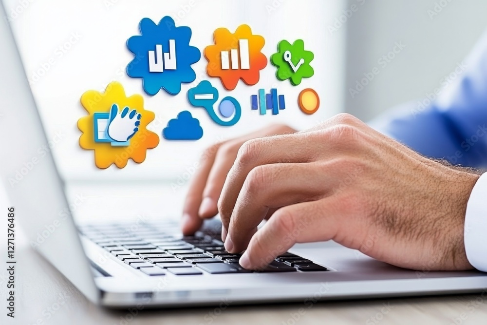 Poster a business professional analyzing financial statistics on a laptop with colorful bar graphs and char