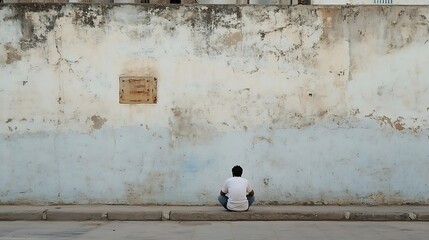Lonely person sitting on a sidewalk against a textured wall in a minimalist urban setting : Generative AI