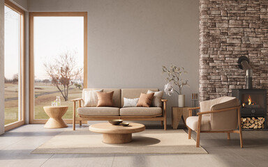 Warm, minimalist living room with wood, neutral tones and fireplace, 3d rendering 
