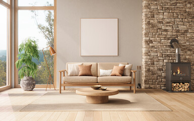 Warm, minimalist living room with wood, neutral tones and fireplace, 3d rendering 
