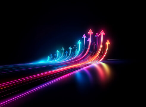 Colorful neon arrows ascend dynamically against a stark black backdrop, creating a sense of forward momentum and vibrant energy with their luminous trails.