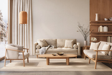 Cozy, minimalist living room with wood, neutral tones and large windows, 3d rendering 

