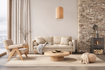 Warm, minimalist living room with wood, neutral tones and fireplace, 3d rendering 

