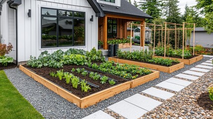 Beautiful garden beds with fresh vegetables in a modern home landscape.