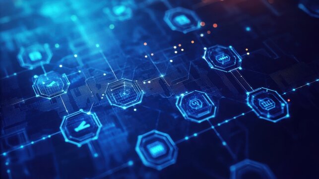 Polygon world map with blockchain technology peer to peer network on blue background. Network, p2p business, e-commerce, bitcoin trading and global cryptocurrency blockchain business banner concept.