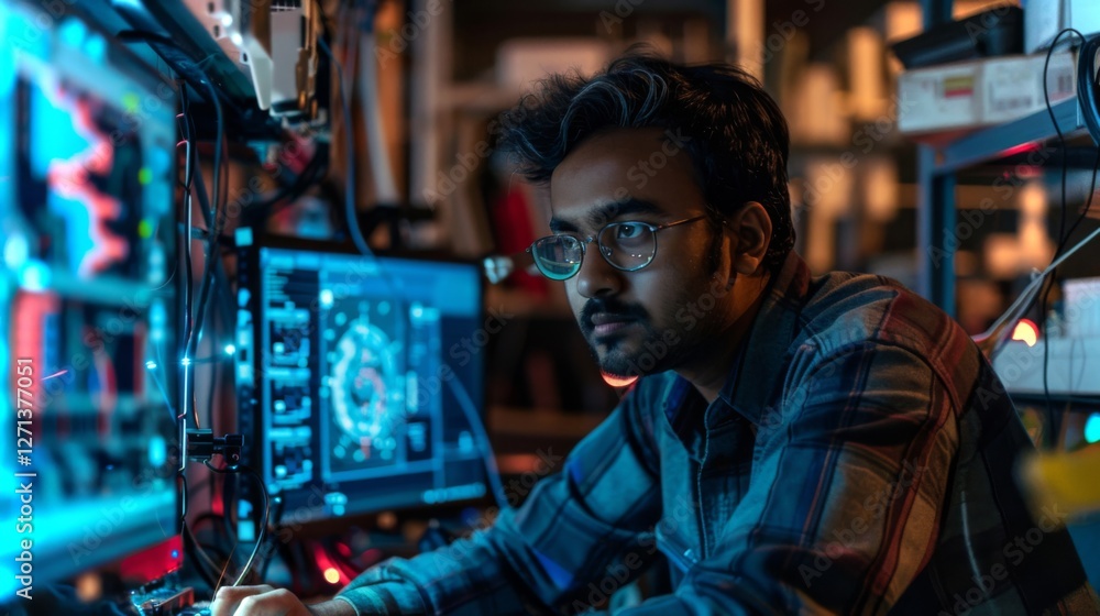 Poster An individual with glasses is focused on coding at a computer, surrounded by multiple monitors displaying data analysis. The ambient lighting creates a high tech atmosphere.
