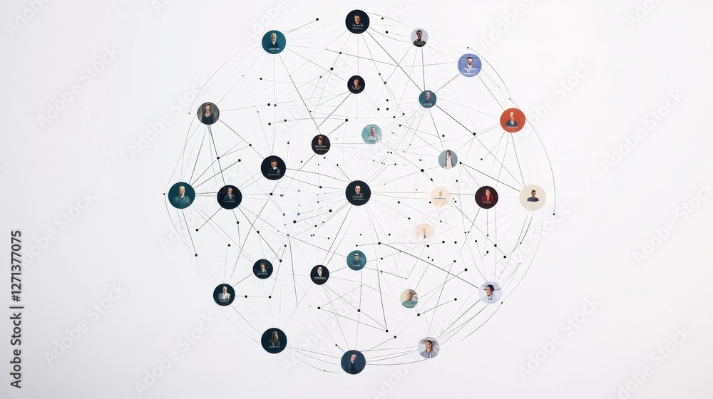 Poster a minimalist circular network diagram depicting the different stakeholders involved in a specific pr