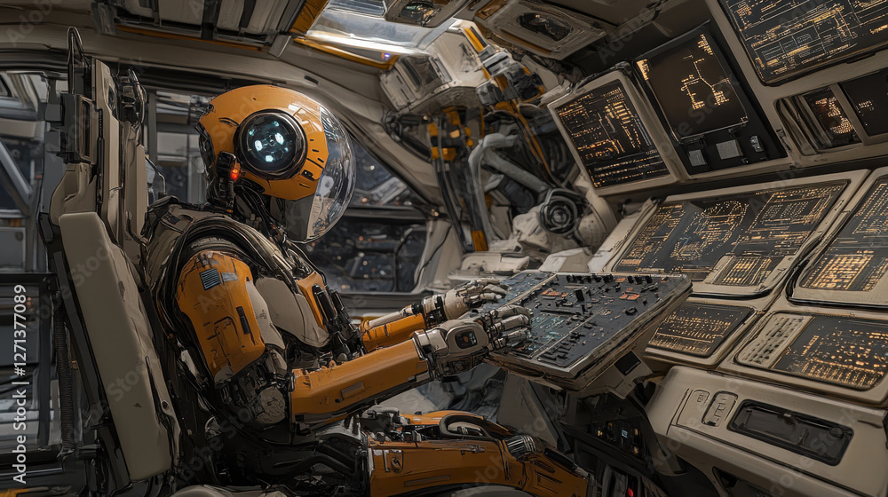 Poster futuristic robot pilot in spacecraft cockpit operating advanced control panels with digital interfac