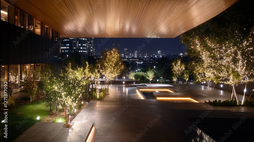 Poster night view of a beautifully lit outdoor space with modern architecture surrounded by lush greenery a