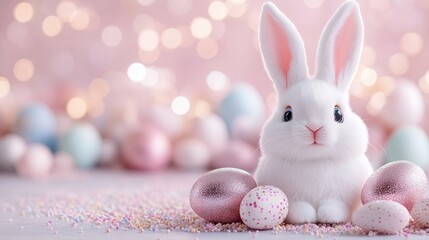Adorable white bunny sitting among pastel Easter eggs and colorful sprinkles, with a soft pink bokeh background creating a dreamy festive atmosphere