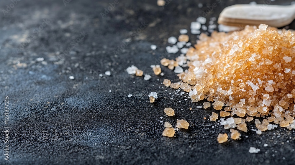 Poster Close up view of brown sugar crystals scattered on a dark textured surface : Generative AI